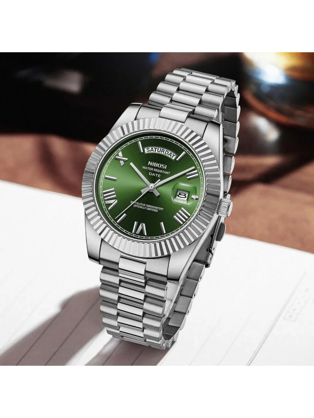 Nibosi Men's Silver Green Analog Quartz Stainless Waterproof Desiger Wrist Watch